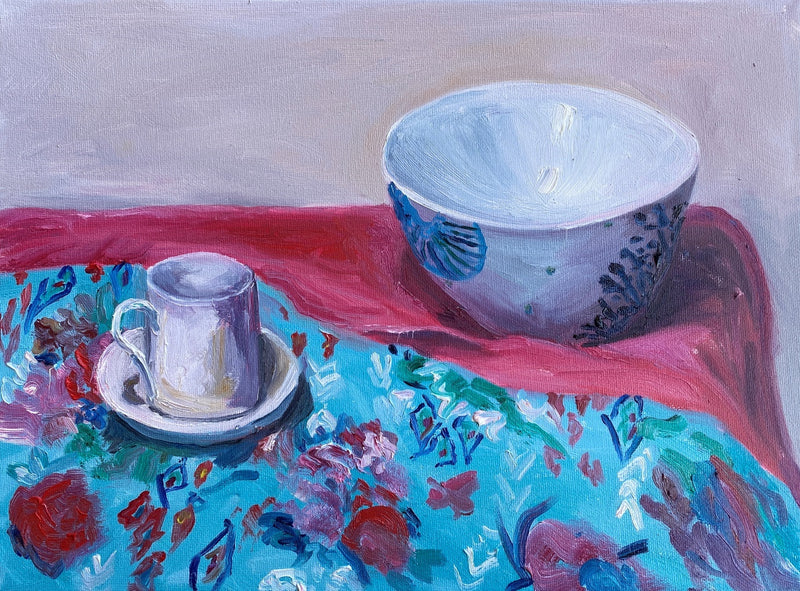 Bowl and Teacup on Patterned Cloth